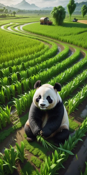 Breathtaking. A beautiful panda shaped by cutting crops in a green crop field. The panda is cute and the art work is amazing.amazing details, perfect lighting and  reflections,unreal engine 5, RTX on,ultra HD, 8k, intricate, masterpiece, awards winning