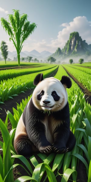 Breathtaking. A beautiful panda shaped by cutting crops in a green crop field. The panda is cute and the art work is amazing.amazing details, perfect lighting and  reflections,unreal engine 5, RTX on,ultra HD, 8k, intricate, masterpiece, awards winning