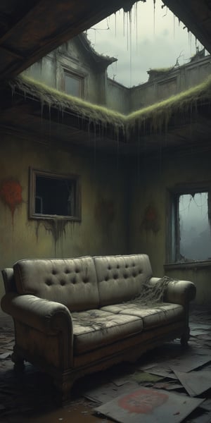 In an abandoned house, tattered sofa, horror, Thai elements, dark scenes, 8k, reality, hyperdetail,digital artwork by Beksinski