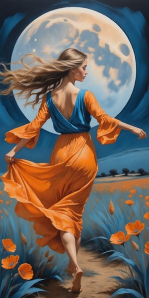 a painting of a girl walking in a field under a full moon, in the style of graceful movement, orange and azure, phoenician art, flower power, realistic yet romantic, pictorial fabrics, dance