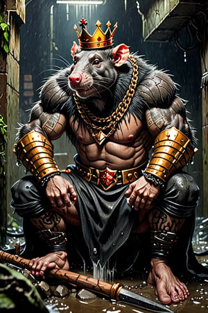 digital art 8k,  a ripped,  muscluar,  humanoid rat sitting on a toilet in a dark damp sewer,  wearing a crown, the rat king is weilding a large sledge hammer over its shoulder. The rat king should have scars, wounds from battle, war tattoos, gold chains around his neck. The rat king should have TEXT "kingrat_" text logo tattooed on his arm; as well as, TEXT "2024" text logo should be tattooed on his other arm. The rat king should have hairy rat feet.  

The rat king should look aggressive and defiant.,band_bodysuit,Movie Still,Text