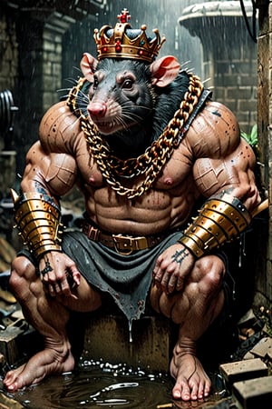 digital art 8k,  a ripped,  muscluar,  humanoid rat sitting on a toilet in a dark damp sewer,  wearing a crown, the rat king is weilding a large sledge hammer over its shoulder. The rat king should have scars, wounds from battle, war tattoos, gold chains around his neck. The rat king should have "kingrat_" text logo tattooed on his arm. "2024" text logo should be tattooed on his other arm. The rat king should have rat feet.

The rat king should look aggressive and defiant.,band_bodysuit,Movie Still,Text