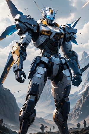 A futuristic cyberpunk warrior robot, massive in size bigger than buildings, with a towering presence that dwarfs human figures. At Battlefields around montains , with humans soldier scurrying about like ants in comparison. The robot's body colored dark blue painted white and shining gold around the body, with wings spread on it shoulder gundam wing style, mechanical limbs circle rotor nuclear reactor in the chest and glowing blue optics seem to pierce through the smog-filled air as it stands victorious amidst the montain battlefield, slim feet, hold giant saber on hand, no tail.,FuturEvoLabNinja,FuturEvoLabMecha,epic mecha