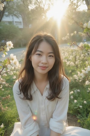 A serene and idyllic scene unfolds as a lovely 20yo asian girl sits poised on flower garden, white clothing, surrounded by pear blossoms. The camera captures her gentle smile and playful pose, with the pear blossoms framing her features. Soft, warm sunlight filters through the misty air shines bright half of her face, casting a soft glow over the tranquil setting.