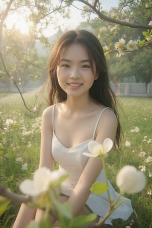 A serene and idyllic scene unfolds as a lovely 20yo asian girl sits poised on flower garden, white dress, surrounded by pear blossoms. The camera captures her gentle smile and playful pose, with the pear blossoms framing her features. Soft, warm sunlight filters through the misty air shines bright half of her face, casting a soft glow over the tranquil setting.