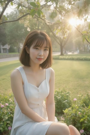 A serene and idyllic scene unfolds as a lovely 20yo asian girl sits poised on flower garden, white dress, surrounded by pear blossoms. The camera captures her gentle smile and playful pose, with the pear blossoms framing her features. Soft, warm sunlight filters through the misty air shines bright half of her face, casting a soft glow over the tranquil setting.