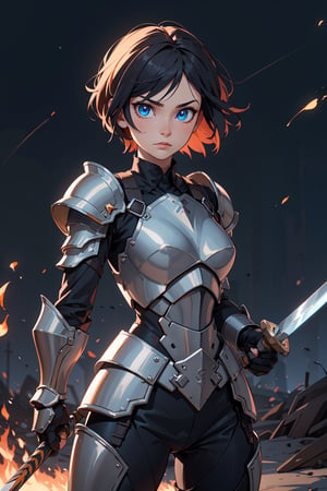 Highres, best quality, extremely detailed, female hero, sword in hand, sharp blue eyes, short hair, armored body with blue motive, swords in battleground, burning land, dark sky