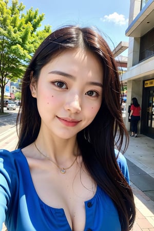 Chinese girl, pure face, blue sky blouse, little smile, (cleavage:0.9), bokeh, view from below, street city background
