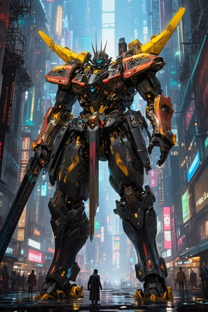 A futuristic cyberpunk warrior robot, massive in size, with a towering presence that dwarfs human figures. The cityscape behind it is a labyrinth of neon-lit skyscrapers and holographic advertisements, with humans scurrying about like ants in comparison. The robot's body colored dark yellow & red, with wings, mechanical limbs and glowing blue optics seem to pierce through the smog-filled air as it stands victorious amidst the urban chaos, hold giant saber on hand.,FuturEvoLabNinja,FuturEvoLabMecha