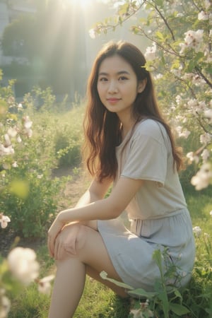 A serene and idyllic scene unfolds as a lovely 20yo asian girl sits poised on flower garden, surrounded by pear blossoms. The camera captures her gentle smile and playful pose, with the pear blossoms framing her features. Soft, warm sunlight filters through the misty air, casting a soft glow over the tranquil setting.