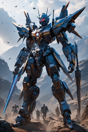 A futuristic cyberpunk warrior robot, massive in size bigger than buildings, with a towering presence that dwarfs human figures. At Battlefields around montains , with humans soldier scurrying about like ants in comparison. The robot's body colored dark blue painted white and shining gold around the body, with wings spread on it shoulder gundam wing style, mechanical limbs circle rotor nuclear reactor in the chest and glowing blue optics seem to pierce through the smog-filled air as it stands victorious amidst the montain battlefield, slim feet, hold giant saber on hand, no tail.,FuturEvoLabNinja,FuturEvoLabMecha,epic mecha