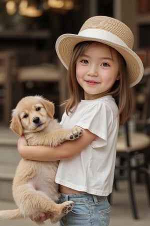 A cute little girl with big green eyes, florish large hat, smiling to camera, hugging a cute puppy. Ultra realistic photo.