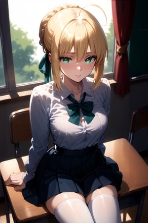 Classroom_background, high_resolution, best quality, extremely detailed, HD, 8K, masterpiece, best quality, very aesthetic, absurdres, (newest), 1 girl,  figure_sexy, hot, score_9, score_8_up, score_7_up, (daylight:1.0), window, SHuz, blonde hair, green eyes, sidelocks, braid, hair bun, ahoge, hair ribbon, (embarrased:1.0), ( dress), (school outfit), white thighhighs, chair, desk, Sit on chair,, , ArtoriaPendragon, (from above:1.2), (1 male teacher:1.4)