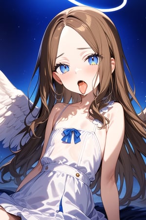 Heaven_background, high_resolution, best quality, extremely detailed, HD, 8K, masterpiece, best quality, very aesthetic, absurdres, (newest) explicit, 1 girl,  figure_sexy, hot, (night:1.0), blue eyes, long hair, brown hair, forehead, sidelocks , flat_chest, short_stature, white_dress, onepiece, bare_shoulder, skirt, angel_wings,, tongue, open_mouth, finger pointing at the mouth