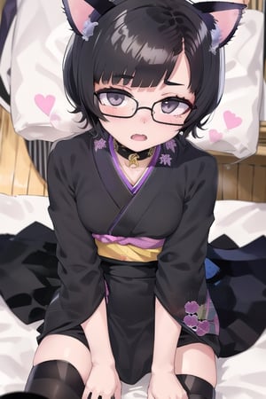bedroom_background, high_resolution, best quality, extremely detailed, HD, 8K, 1_girl, solo, figure_sexy, hot, 170 cm, tall_girl, (small_breasts:1.2), (short_hair:2.0), (black_hair:2.0), (black_dress:2.0), (kimono:2.0), (grey_eyes), (legs:1.2), (waist:1.2), (cat_ears:2.0), ass,  sit_on_bed, blushing, cat_collar, (over_knee_stockings), (megane:1.5), (ahegao:1.0), lying_in_bed