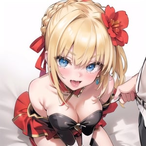 china_background, high_resolution, best quality, extremely detailed, HD, 8K, detalied_face,
figure_sexy, 150 cm, 1 girl, big breasts, ahegao, (blonde_hair:1.3), blue eyes, Nero, , long_dress/china_dress, bare_shoulders, thighs, 1_boy, boy_pov, from above