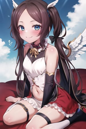 heaven_background, high_resolution, best quality, extremely detailed, HD, 8K, detalied_face,
figure_sexy, 1 girl,, , 1girl, davinci, (twin_tails:1.6) (angel_dress:1.6), (skin-tight_dress:1.4), (angel_wings1.6), (thigh_strap:1.2), golden collar, smile, happiness, clouds, detached_sleeves, belly_button, sit_on_cloud, from_side, from_above
