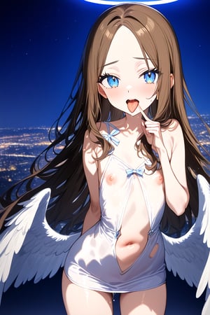 Heaven_background, high_resolution, best quality, extremely detailed, HD, 8K, masterpiece, best quality, very aesthetic, absurdres, (newest) explicit, 1 girl,  figure_sexy, hot, nsfw, (night:1.0), blue eyes, long hair, brown hair, forehead, sidelocks , flat_chest, short_stature, white_dress, onepiece, bare_shoulder, skirt, angel_wings,, tongue, open_mouth, finger pointing at the mouth