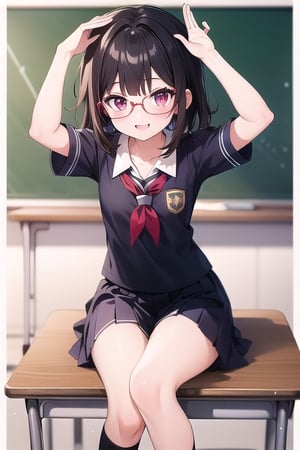 Classroom_background, high_resolution, best quality, extremely detailed, HD, 8K, 1_girl, solo, figure_sexy, flat_chest, low_stature, sparkle, hanabi, red eyes, (school_uniform:1.4), eye_glasses, (dynamic_pose:1.2), arms_raised, sit_on_desk