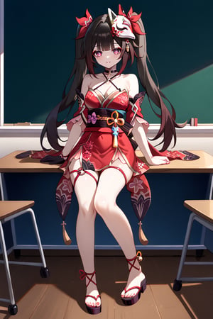 Classroom_background, high_resolution, best quality, extremely detailed, HD, 8K, masterpiece, best quality, very aesthetic, absurdres, (newest), 1 girl,  figure_sexy, hot, score_9, score_8_up, score_7_up, (night:1.0), SHuz,sparkle \(honkai: star rail\),twintails, hair ribbon, choker,off shoulder kimono, mask on head,detached sleeves, obi, wristband,criss-cross halter, thigh strap,single glove, cross-laced sandals,detached sleeves, obi, wristband,criss-cross halter, thigh strap,single glove, cross-laced sandals