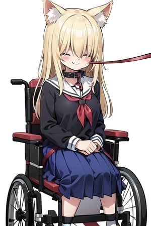 School_background, high_resolution, best quality, dark, extremely detailed, HD, 8K, , figure_sexy, solo, (middle_breasts:1.2), apathetic, (tiny_girl:1.2) smile, blonde_hair, long_hair, (sit_on_wheelchair:1.4), kitsune_ears, black_cat_collar, (leash:1.4), (school_uniform:1.2), , upper_body, Hair over eyes,