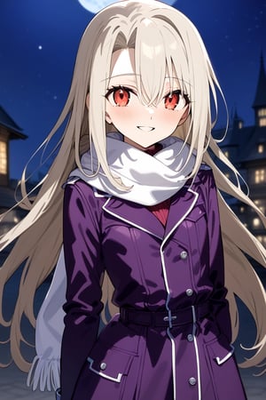 german_background, high_resolution, best quality, extremely detailed, HD, 8K, masterpiece, best quality, very aesthetic, absurdres, (newest) explicit,  illyasviel von einzbern, 1 girl,  figure_sexy, hot, (night:1.0), short_stature, small breasts, long hair, smile, bangs, red eyes, long sleeves, hair between eyes, white hair, scarf, blurry, coat,  white scarf, purple coat, sky, moon, night sky, full moon,