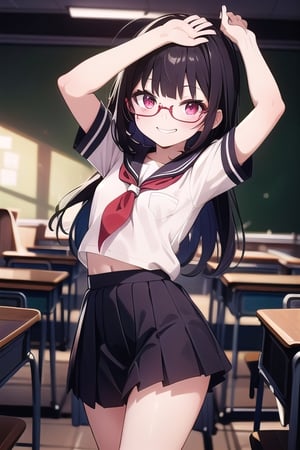 Classroom_background, high_resolution, best quality, extremely detailed, HD, 8K, 1_girl, solo, figure_sexy, flat_chest, long_hair, low_stature, sparkle, hanabi, red eyes, (school_uniform:1.4), eye_glasses, (dynamic_pose:1.2), arms_raised, dancing, smug_face, (darkness:1.4)