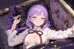 bedroom_background, high_resolution, best quality, extremely detailed, HD, 8K, 
1 girl, solo, figure_sexy, hot, (lavender_hair:1.2), (sleeping:1.2), FECCC, AiKouhaiOutfit,
 kuna2, (lying_on_sofa:1.4), (night:1.4), onepiece, skirt, (from_above:1.2), (closed_eyes:1.2), (upper_body:1.4)