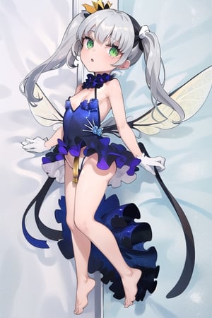 bedroom_background, high_resolution, best quality, extremely detailed, HD, 8K, (1_fairy:1.5),  figure_sexy, hot, (30_cm:2.0), (small_breasts:1.2), (twin_tails:2.0), (silver_hair:2.0), (cleavage:1.2), (green_eyes:1.2), (small_stature:1.8), (skirt:1.0), (silver_wings:1.8), (big_head:1.5), (blue_dress:1.8), (wasp_waist:1.5), (flying:1.8), (legs:1.2), ass, butt_cheeks
