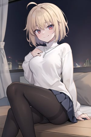 bedroom_background, high_resolution, best quality, extremely detailed, HD, 8K, 
1 girl, solo, figure_sexy, hot,, (smug_face:1.2),   (night:1.4),  sitting_down, 1girl, solo, chain necklace\(arcueid\), black pantyhose, white long sleeves turtleneck sweater, blue pleated skirt, looking at viewer, (middle_breast)