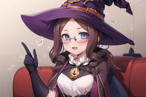 Halloween_background, high_resolution, best quality, extremely detailed, HD, 8K, detalied_face,
figure_sexy, 1girl, davinci, (witch_hat:1.2), glasses, (witch_outfit:1.6),  upper_body, sofa