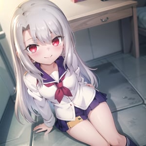 bedroom_background, high_resolution, best quality, extremely detailed, HD, 8K, detalied_face,
figure_sexy, illyasviel von einzbern ubw, 133 cm, 1 girl, long hair, happy face, cheerful eyes, red eyes, from above, sailor_uniform, thigh_gap