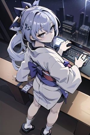 computer_background, high_resolution, best quality, extremely detailed, HD, 8K, 1_girl, figure_sexy,  SilverWolfV5, (white_kimono:1.6), Blora, apathetic, no_emotions,, (night:1.4), (dynamic_pose:1.4), (from_above:1.4)