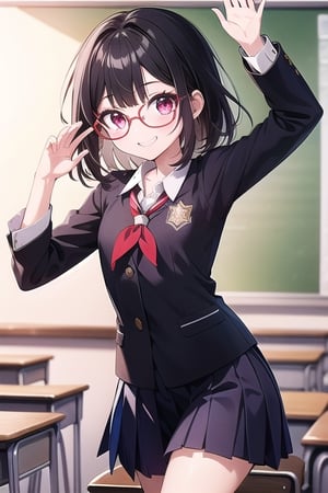 Classroom_background, high_resolution, best quality, extremely detailed, HD, 8K, 1_girl, solo, figure_sexy, flat_chest, low_stature, sparkle, hanabi, red eyes, (school_uniform:1.4), eye_glasses, (dynamic_pose:1.2), arms_raised, dancing, smug_face, d(arkness:1.2)