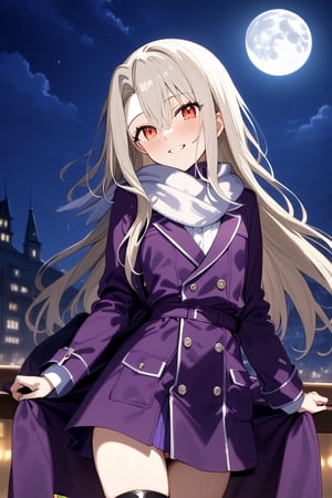 german_background, high_resolution, best quality, extremely detailed, HD, 8K, masterpiece, best quality, very aesthetic, absurdres, (newest) explicit,  illyasviel von einzbern, 1 girl,  figure_sexy, hot, (night:1.0), short_stature, small breasts, long hair, smile, bangs, red eyes, long sleeves, hair between eyes, white hair, scarf, blurry, coat,  white scarf, purple coat, sky, moon, night sky, full moon, thighhigh_boots