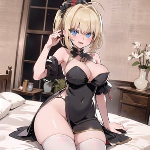 Bedroom_background, high_resolution, best quality, extremely detailed, HD, 8K, detalied_face,
figure_sexy, 150 cm, 1 girl, big breasts, ahegao, (blonde_hair:1.3), blue eyes, Nero, , long_dress/china_dress, bare_shoulders, thighs