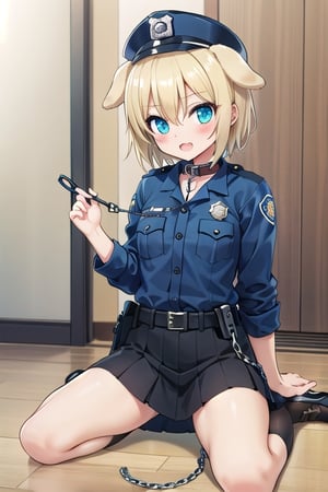 Bar_background, high_resolution, best quality, dark, extremely detailed, HD, 8K, small_breasts, blonde_hair, short_hair, dog_ears, dog_collar, (dog_leash:1.2), (police_outfit:1.4), sit_on_floor, skirt, hat , open_mouth, (dark:1.5)