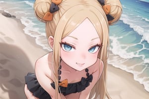 beach_background, high_resolution, best quality, extremely detailed, HD, 8K, detalied_face,
figure_sexy, 133 cm, 1 girl, long hair, smug face, cheerful eyes, (from_above:1.4), hmaw4, long hair, double bun, black bikini, collarbone, sitting_down, arms_raised, knees_together