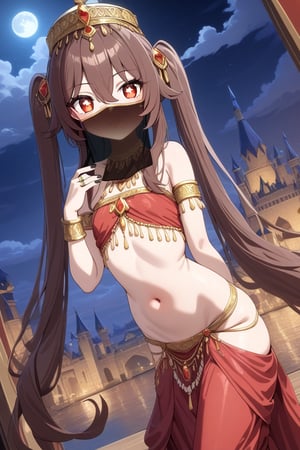 castle_background, high_resolution, best quality, extremely detailed, HD, 8K, masterpiece, best quality, very aesthetic, absurdres, (newest) , clouds, mooN, 1 girl,  figure_sexy, hot, score_9, score_8_up, score_7_up, (night:1.0), SHuz, hutao, long hair, bangs, brown hair, ring, black nails, hat ornament,  hair between eyes, twintails, sidelocks, symbol-shaped pupils, red eyes, hat, flower, , flat_chest,  armlet, dancer, harem outfit, arabian clothes, mouth veil, harem pants