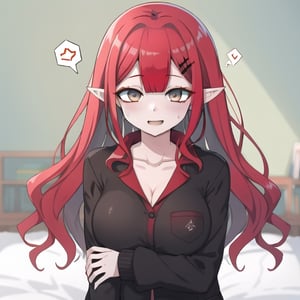 bedroom_background, high_resolution, best quality, extremely detailed, HD, 8K, 
1 girl, solo, figure_sexy, hot, 170 cm, tall_girl, big_breasts, happy face, adult, beautiful eyes, collarbone, thigh_gap, short elf ears, (grey_skin), (red_hair:2.0), long hair, tiara, school_uniform, looking_at_viewer, 