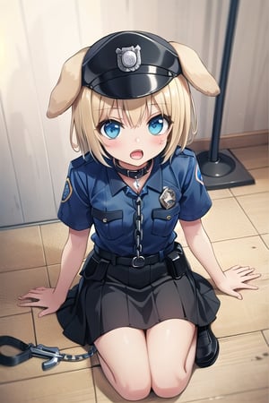 Bar_background, high_resolution, best quality, dark, extremely detailed, HD, 8K, small_breasts, blonde_hair, short_hair, dog_ears, dog_collar, (dog_leash:1.2), (police_outfit:1.4), sit_on_floor, skirt, cap, from_above, open_mouth
