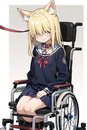 School_background, high_resolution, best quality, dark, extremely detailed, HD, 8K, , figure_sexy, solo, (small_breasts:1.2), apathetic, (tiny_girl:1.2) smile, blonde_hair, long_hair, (sit_on_wheelchair:1.4), kitsune_ears, black_cat_collar, (leash:1.4), (school_uniform:1.2), , upper_body, Hair over eyes,