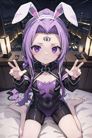 bedroom_background, high_resolution, best quality, extremely detailed, HD, 8K, 1_girl, solo, figure_sexy, flat_chest, low_stature, Blora, medusa lily, medusa (fate), long hair, (purple eyes:1.1), purple hair, sidelocks, braid, braided ponytail, (parted bangs:1.8), (bunny_suit:1.4),, (emotionless:1.4), (night:1.4), (dynamic_pose:1.4), , , forehead, kneeling_down, (from_above:1.4), 