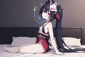 bedroom_background, high_resolution, best quality, extremely detailed, HD, 8K, 1_girl, solo, figure_sexy, flat_chest, low_stature, sparkle, hanabi, kitsune mask, red eyes, twintails, (smug_face:1.4), (red_outfit:1.2), Blora, (from_side:1.0), , (sit_on_bed:1.4)