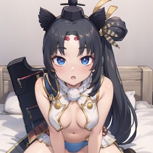 bedroom_background, high_resolution, best quality, extremely detailed, HD, 8K, detalied_face,
figure_sexy, 150 cm, 1 girl,  long_hair, sit on bed, tiny_girl, medium_breasts, ushiwaka, hmushiwa, side ponytail, long hair, hat, tate eboshi, feather hair ornament, japanese armor, breast curtains, navel,  , pom pom (clothes), blue panties, 