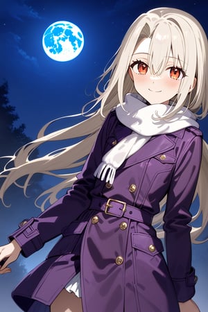 german_background, high_resolution, best quality, extremely detailed, HD, 8K, masterpiece, best quality, very aesthetic, absurdres, (newest) explicit,  illyasviel von einzbern, 1 girl,  figure_sexy, hot, (night:1.0), short_stature, small breasts, long hair, smile, bangs, red eyes, long sleeves, hair between eyes, closed mouth, white hair, scarf, blurry, coat, arms at sides, white scarf, purple coat, sky, moon, night sky, full moon,