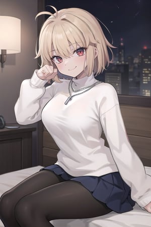 bedroom_background, high_resolution, best quality, extremely detailed, HD, 8K, 
1 girl, solo, figure_sexy, hot,, (smug_face:1.2),  (dynamic_pose:1.1), (night:1.4),  sitting_down, 1girl, solo, chain necklace\(arcueid\), black pantyhose, white long sleeves turtleneck sweater, blue pleated skirt, looking at viewer, (middle_breast)