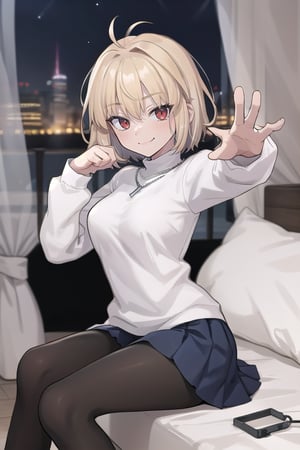 bedroom_background, high_resolution, best quality, extremely detailed, HD, 8K, 
1 girl, solo, figure_sexy, hot,, (smug_face:1.2),  (dynamic_pose:1.1), (night:1.4),  sitting_down, 1girl, solo, chain necklace\(arcueid\), black pantyhose, white long sleeves turtleneck sweater, blue pleated skirt, looking at viewer, (middle_breast)