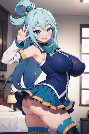 bedroom_background, high_resolution, best quality, extremely detailed, HD, 8K, 1_girl, solo, figure_sexy, Blora, AquaKnsb-KJ , skirt , thighhighs, blue shirt, huge_breasts, detached sleeves, thigh boots, bow, ahegao, (dynamic_pose:1.4), smile, ass, 
