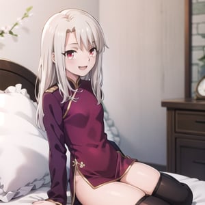 bedroom_background, high_resolution, best quality, extremely detailed, HD, 8K, detalied_face,
figure_sexy, illyasviel von einzbern ubw, 133 cm, 1 girl, small_breasts, long hair, happy face, cheerful eyes, red eyes, over knee stockings, sit_on, (one_piece/china_dress),